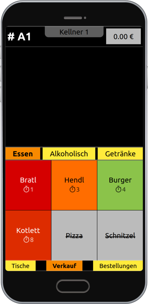 App-Verkaufsansicht mit geschätzter Zubereitungsdauer
