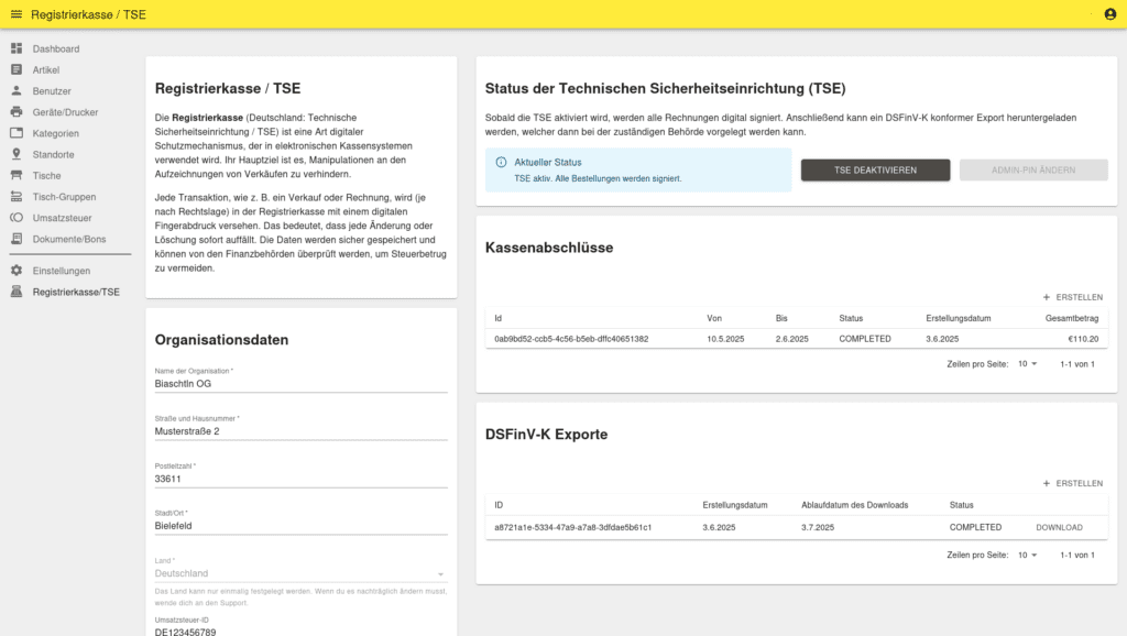 Die Registrierkasse / TSE kann im Biaschtln Admin konfiguriert werden